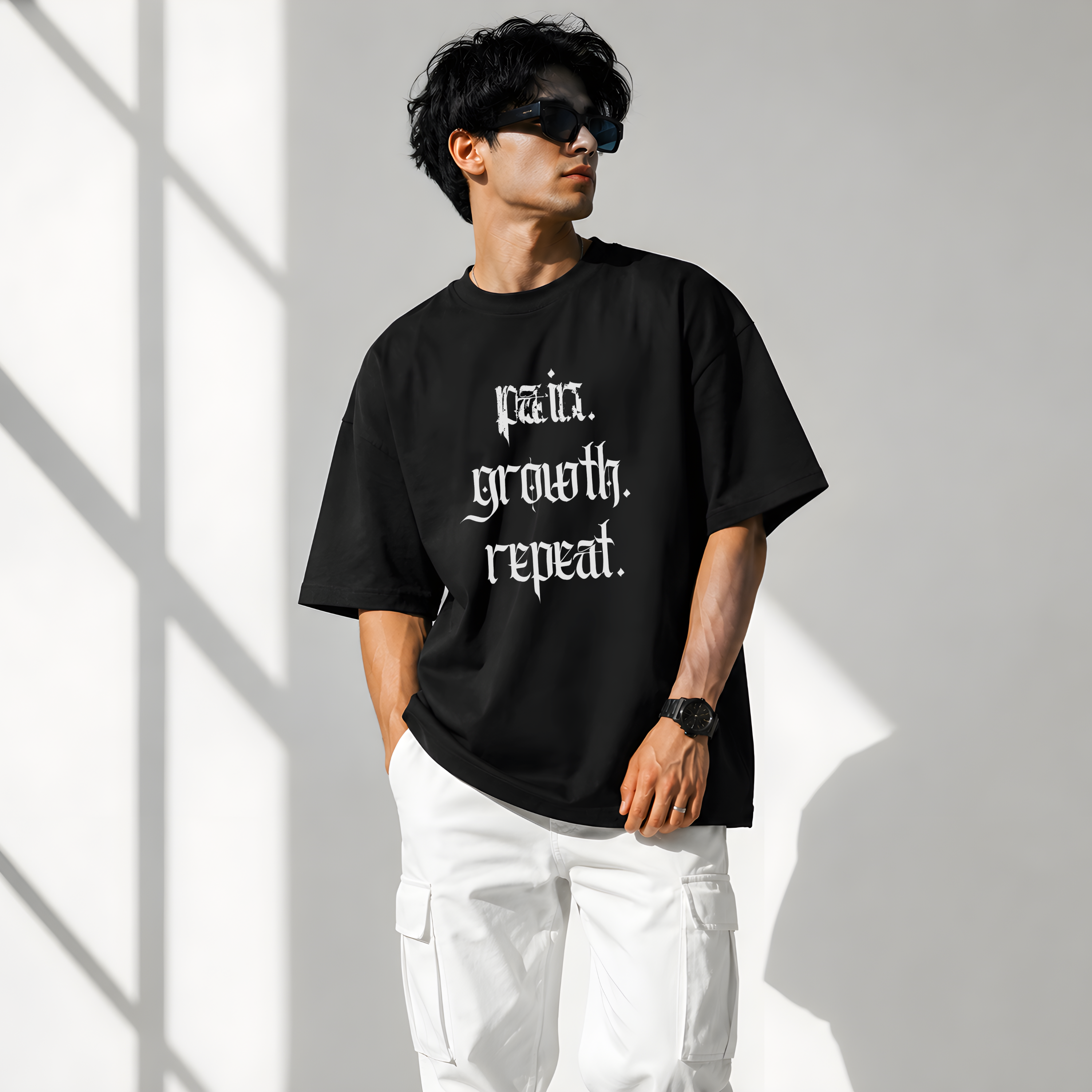"Pain. Growth. Repeat." Oversized Gym Graphic T-Shirt